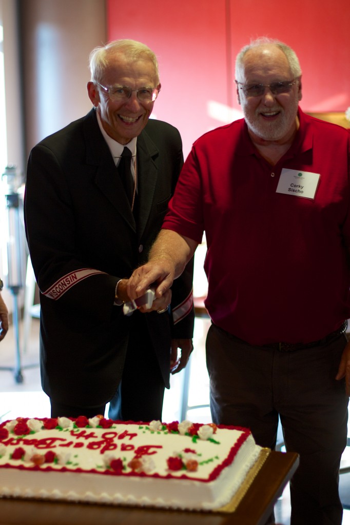 Mike Leckrone and Corky Sischo cutting 40th Anniversary Cake