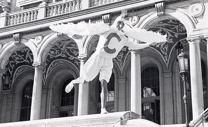 Throwback Thursday: Chicken Man scales Memorial Union entrance, 1950s