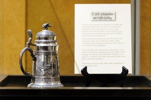 A vintage beer stein is on display. Over 70 steins will return to Der Stiftskeller once MUR construction is complete. Photo courtesy of Jeff Miller/UW-Madison Communications