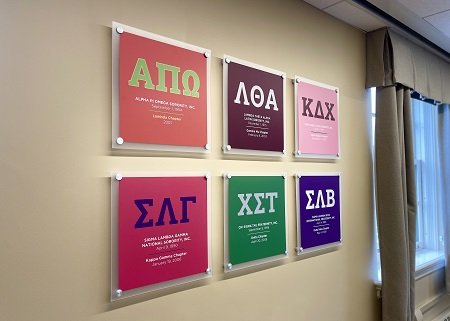 A wall of the Multicultural Greek Council Room displays the letters and colors of several chapter organizations.